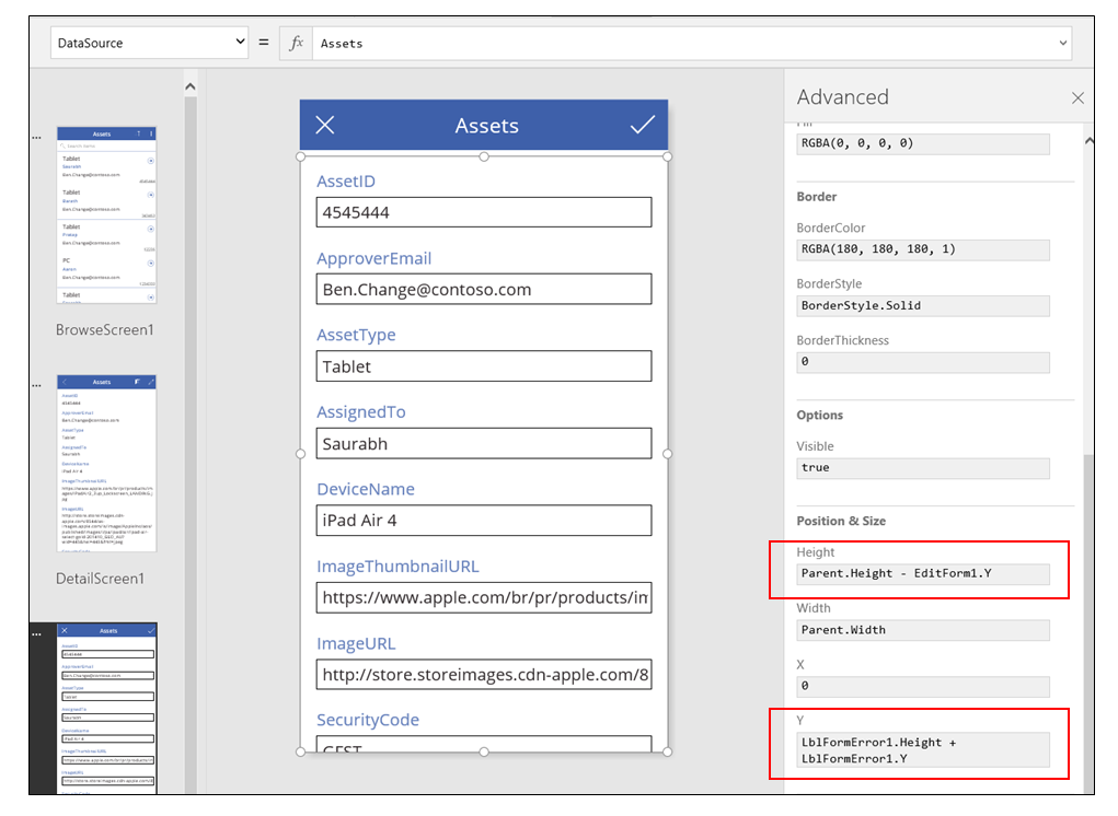 App aus dem Datenbearbeitungsformular mit ausgewähltem Formular-Steuerelement