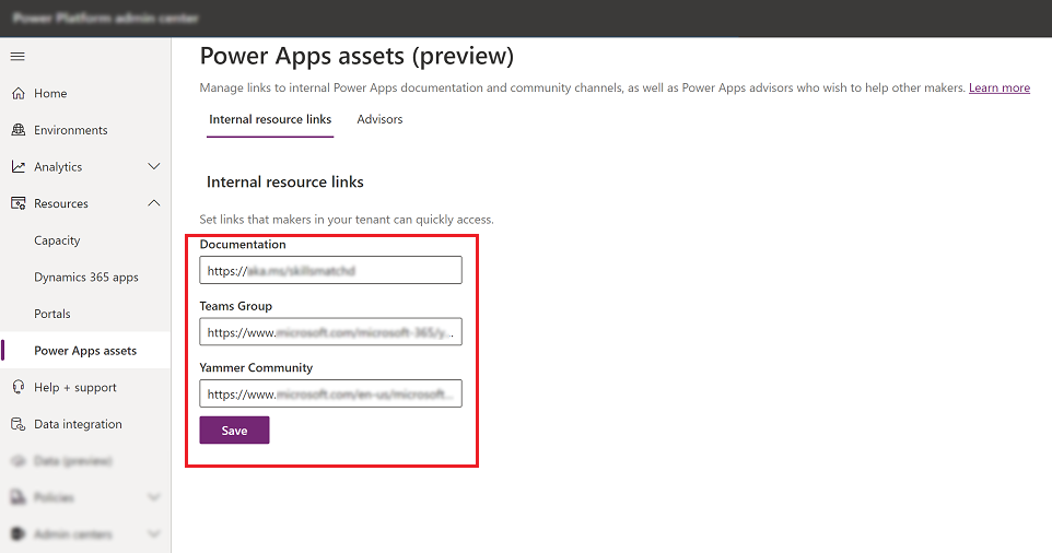 Screenshot des Hinzufügens von internen Dokumentations-, Teams-Gruppen- und Yammer Community-Links im Power Platform Admin Center.