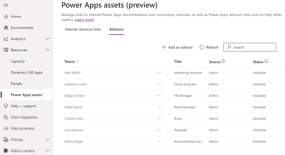 Screenshot der Registerkarte „Berater“ im Power Platform Admin Center.