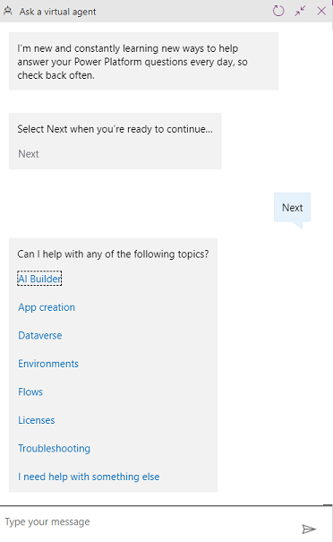 Screenshot eines Entwickler-Gesprächs mit einem Chatbot in Power Apps.