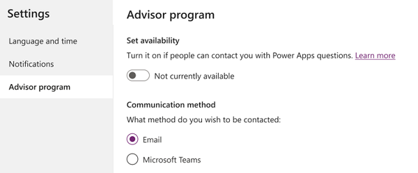 Screenshot der Berater-Einstellungen im Power Apps Benutzerprofil.