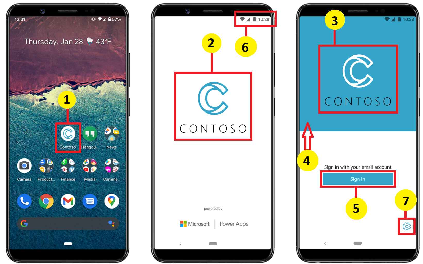 Darstellung der App mit Hervorhebung und Nummerierung – 1 – App-Symbole, 2 – Begrüßungsbildschirmbild, 3 – Begrüßungsbildschirmbild, 4 – Hintergrundfüllfarbe, 5 – Schaltflächenfüllfarbe, 6 – Textdesign der Statusleiste, 7 – Einstellungsoption.