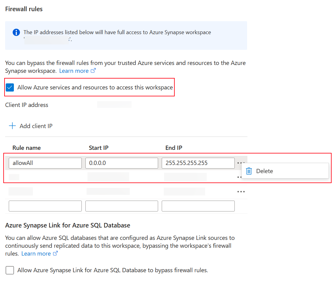 Azure Synapse Netzwerkeinstellungen des Arbeitsbereichs