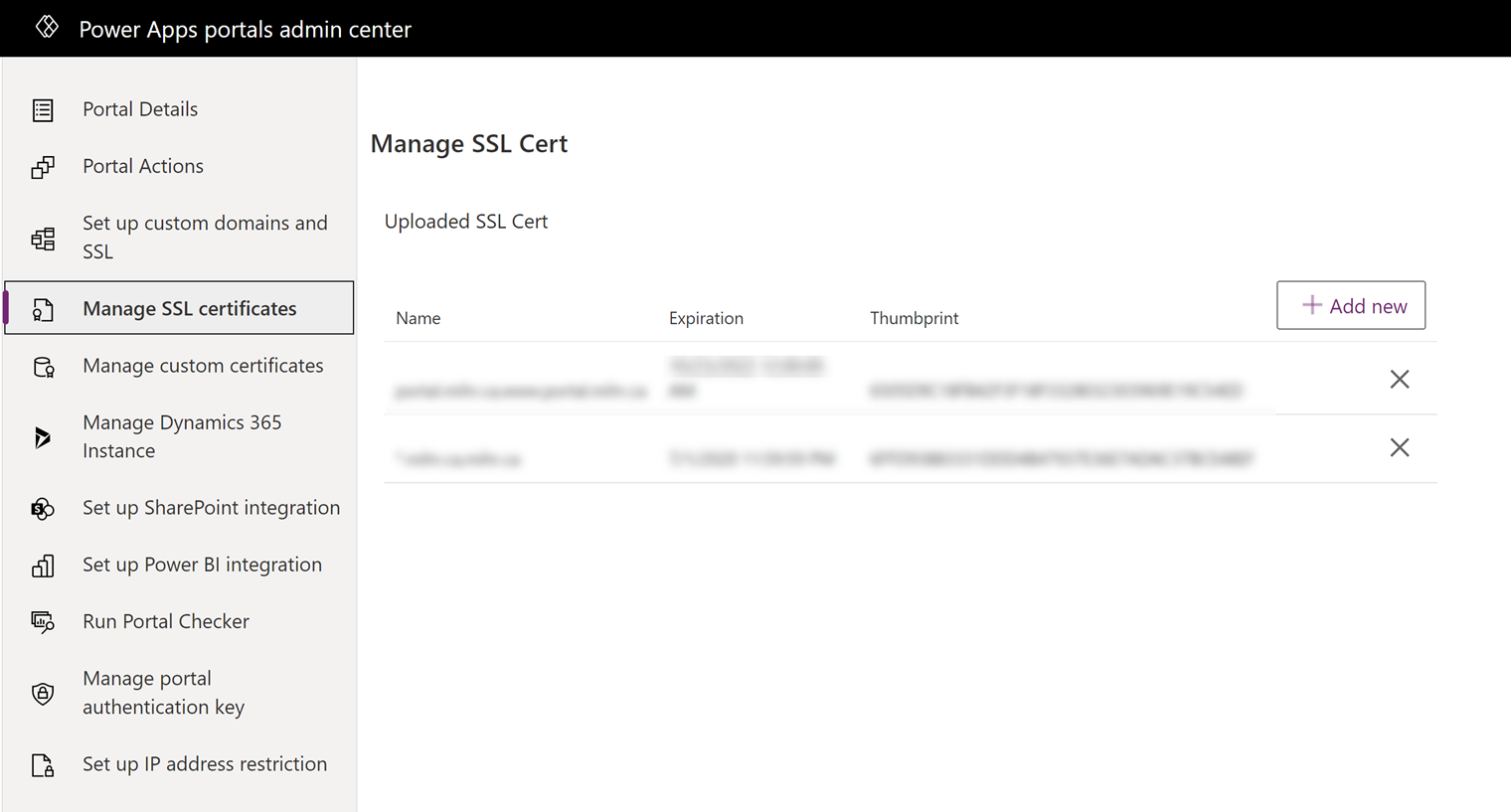 SSL-Zertifikate im Admin Center der Power Apps Portale verwalten.