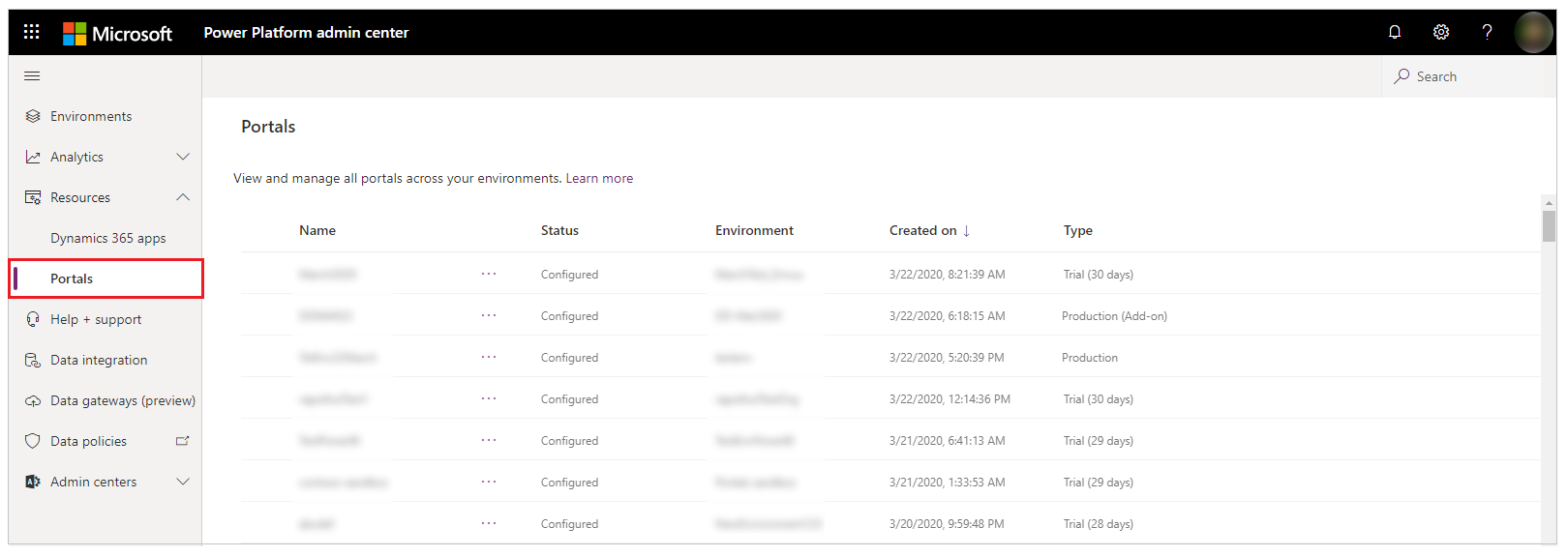 Die Option Portale im Power Platform-Admin Center