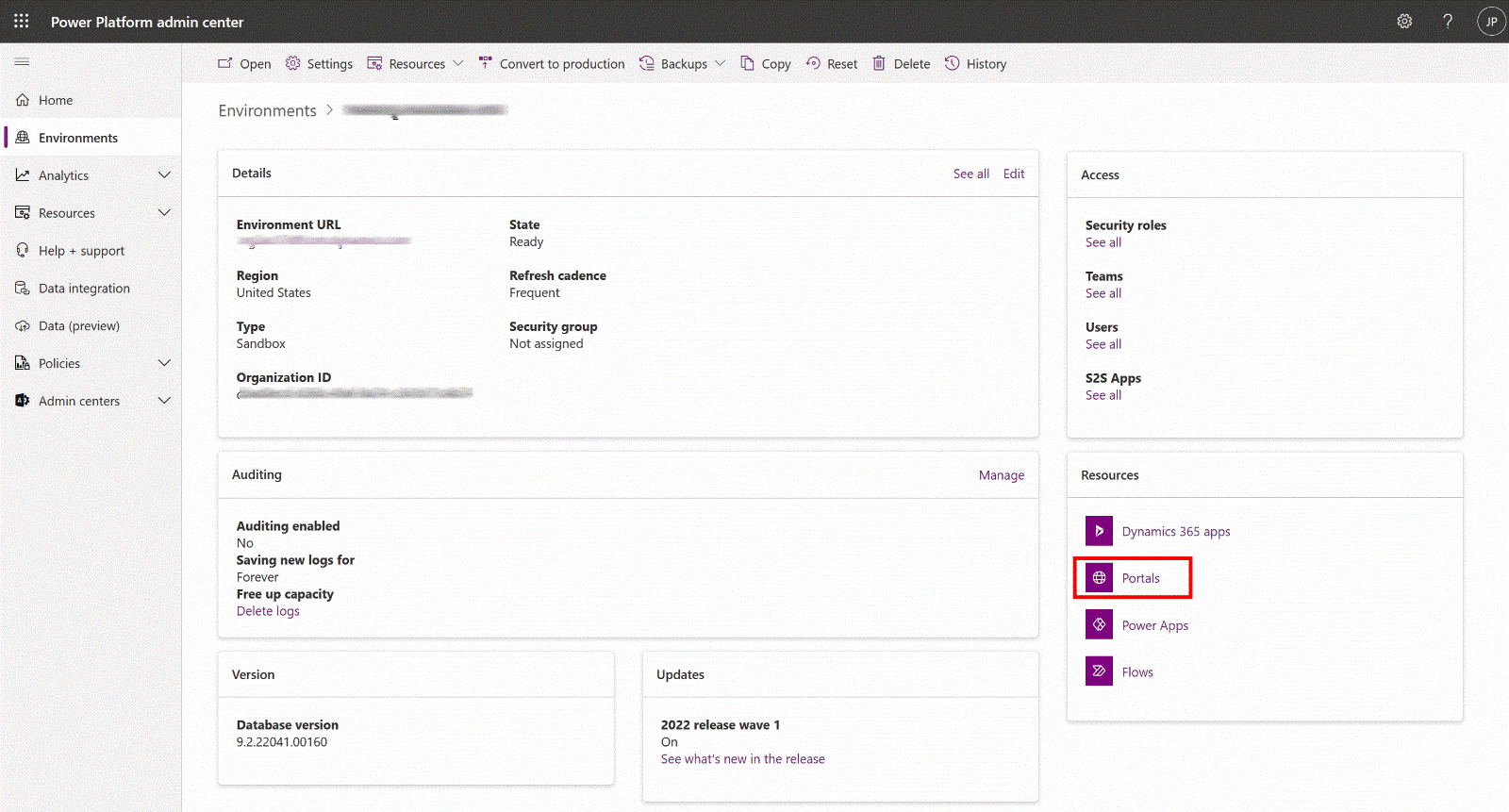 Die Option „Portale“ auf der Karte „Ressourcen“.