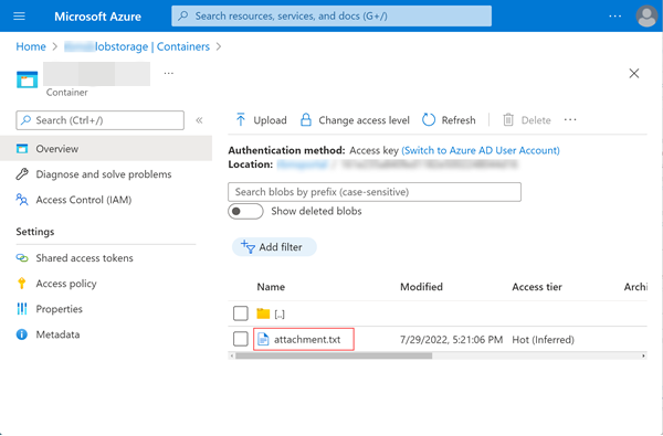 Dateianhang gespeichert in Azure