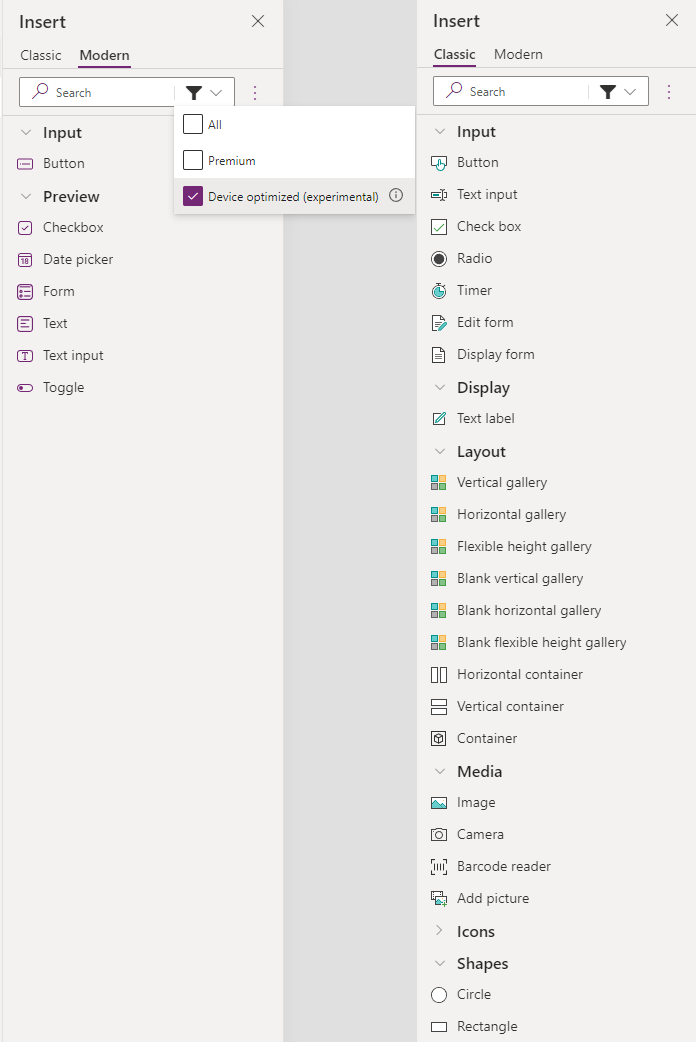 Der Bereich Einfügen wird nur gefiltert, um Steuerelemente anzuzeigen, die geräteoptimiert sind.