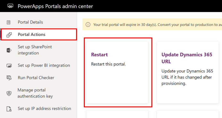 Neustart von Portal-Aktionen