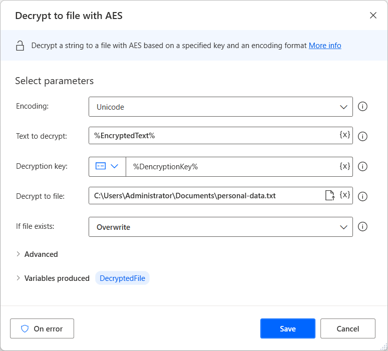 Screenshot der Aktion „Mit AES in Datei entschlüsseln“.