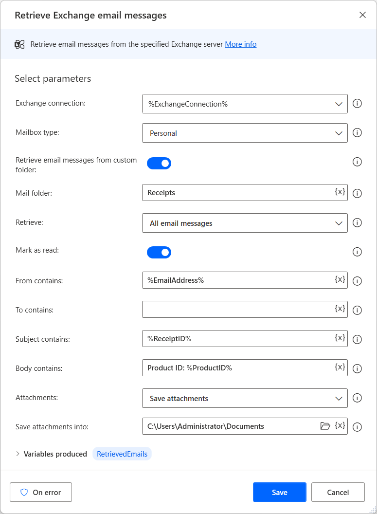 Screenshot der Aktion „Exchange-E-Mail-Nachrichten abrufen“.