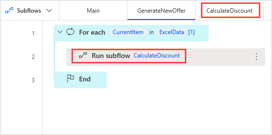 Screenshot der bereitgestellten Aktion „Subflow ausführen“.