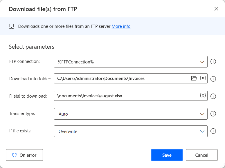 Screenshot der Aktion „Dateien von FTP herunterladen“.