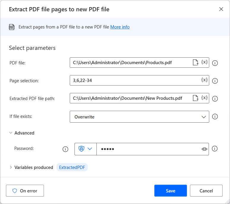 Screenshot der Aktion „Seiten aus einer PDF-Datei in eine neue PDF-Datei extrahieren“.