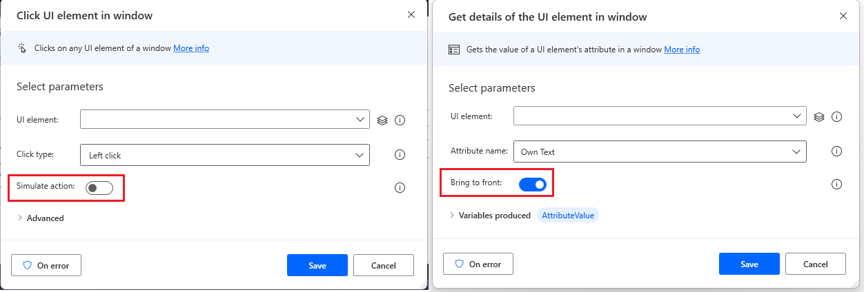 Screenshot der Parameter, die sich auf die Simulation einer Benutzeroberflächenautomatisierungsaktion oder deren physische Ausführung beziehen.