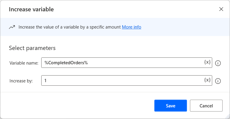 Screenshot der Aktion „Variable erhöhen“.