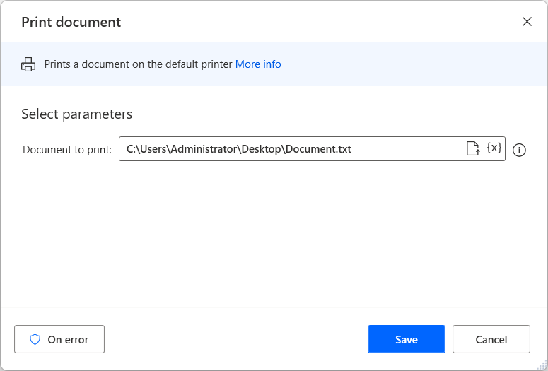 Screenshot der Aktion „Dokument drucken“.