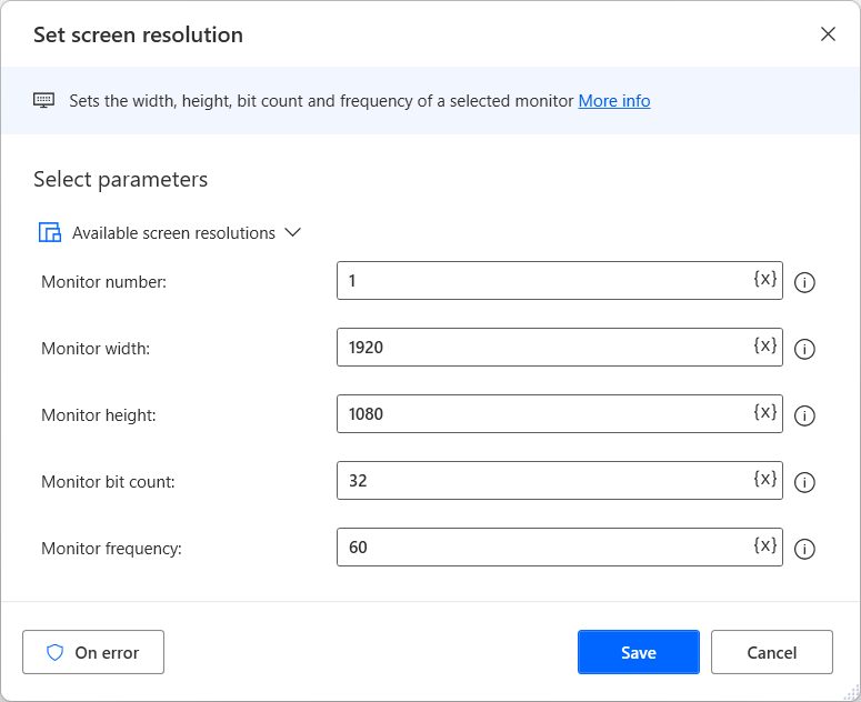 Screenshot der Aktion „Bildschirmauflösung festlegen“.