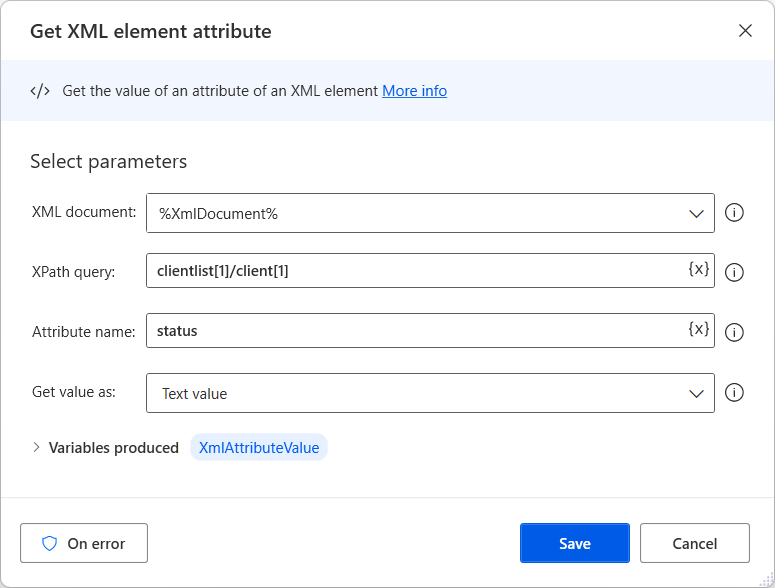 Screenshot der Aktion „XML-Attribut abrufen“.