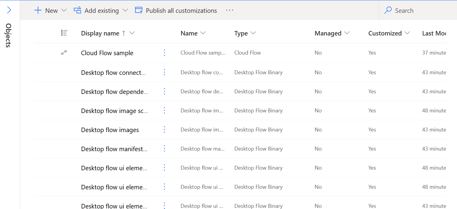 Screenshot eines Desktop-Flow, eines Cloud-Flows und einer Verbindungsreferenz in einer Lösung