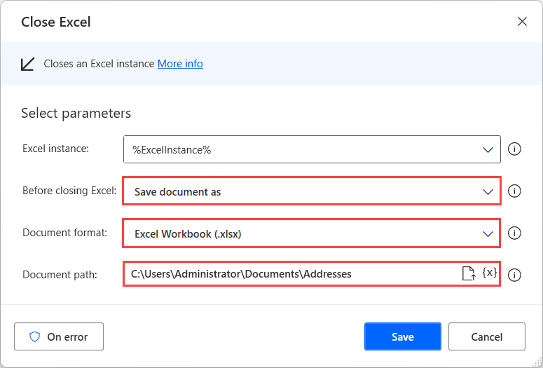 Screenshot von „Dokument schließen“ als Option in der Aktion „Excel schließen“.