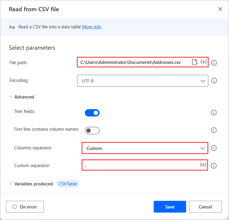 Screenshot der Option „Benutzerdefiniertes Trennzeichen“ in der Aktion „Aus CSV-Datei lesen“.