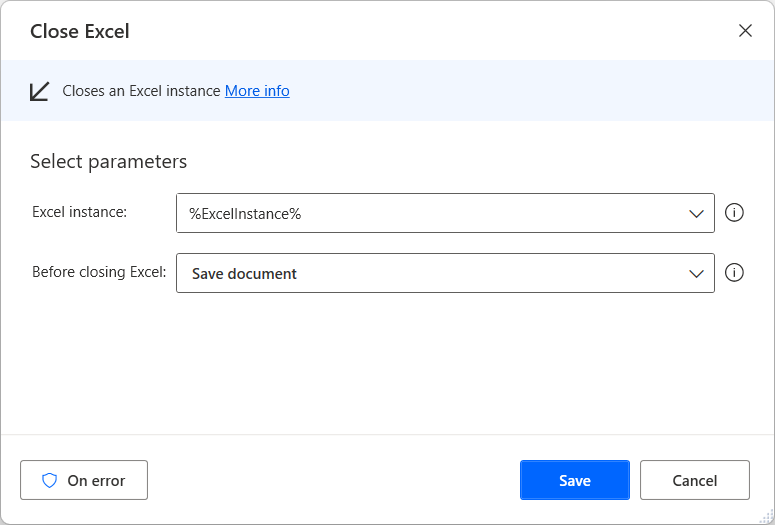 Screenshot Aktion „Excel schließen“.