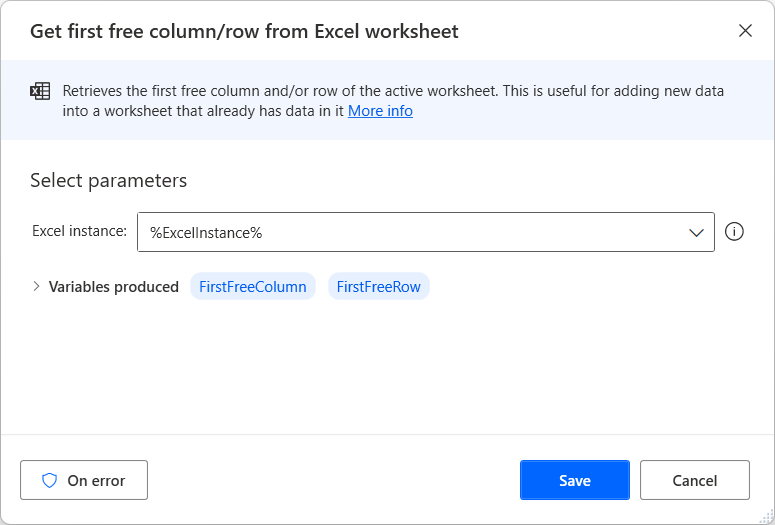 Screenshot der Aktion „Erste freie Spalte/Zeile aus Excel-Arbeitsblatt abrufen“