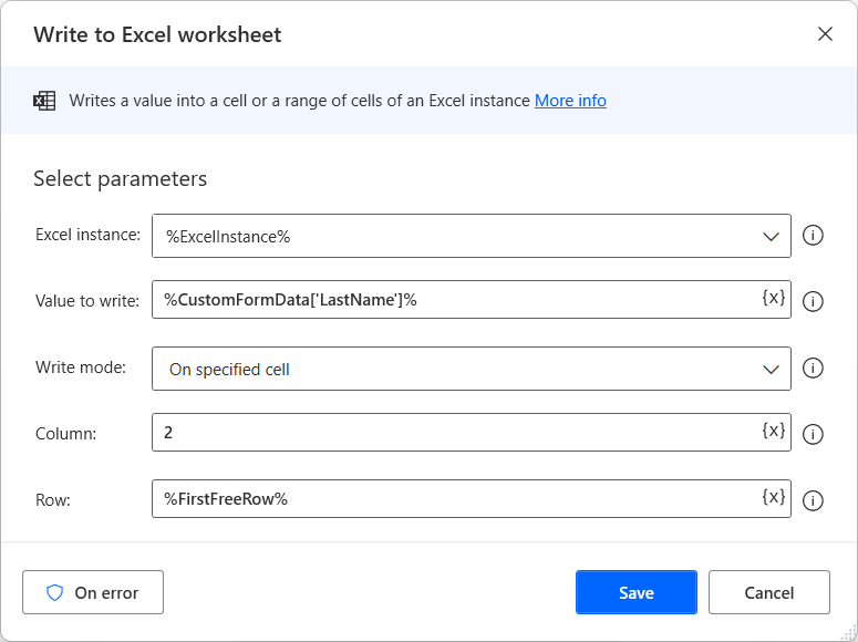 Screenshot zur Aktion „In Excel-Arbeitsblatt schreiben“ zum Schreiben des Kundennachnamens.