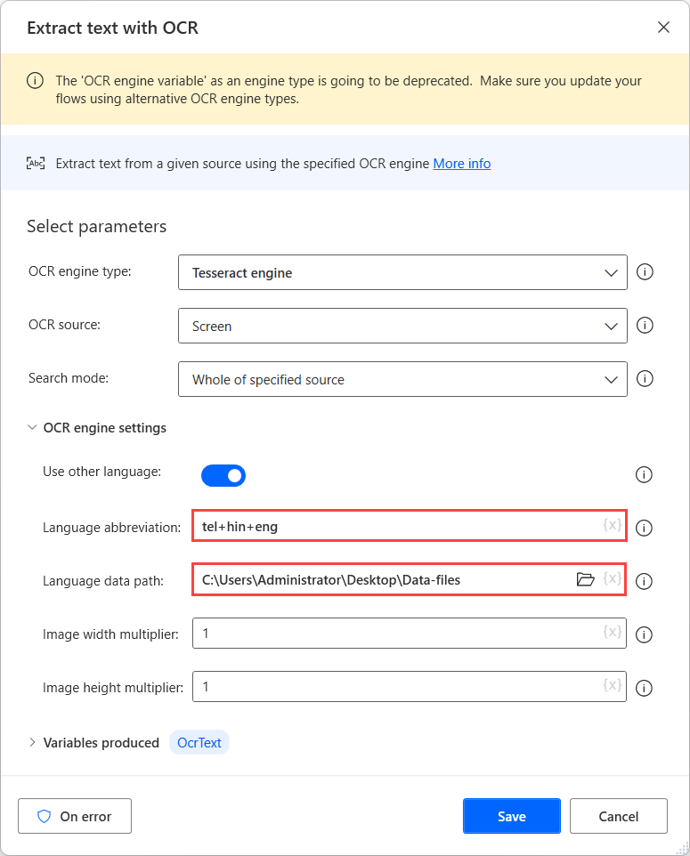 Screenshot der befüllten Felder „Abkürzung für Sprache“ und „Sprachdatenpfad“ in der Aktion „Text mit OCR extrahieren“.