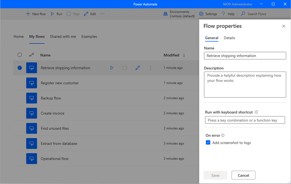 Screenshot der allgemeinen Eigenschaften eines Desktop-Flows.