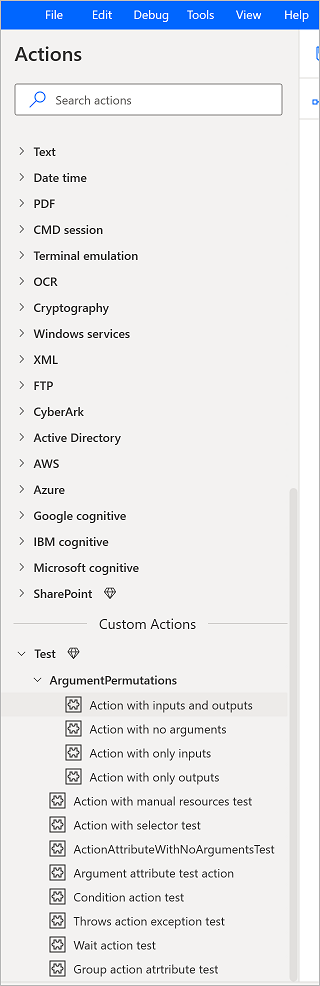 Screenshot von benutzerdefinierten Aktionen im Aktionsbaum