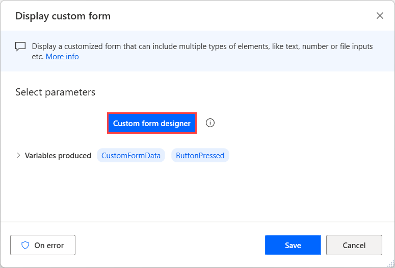 Screenshot der Aktion „Benutzerdefiniertes Formular anzeigen“.