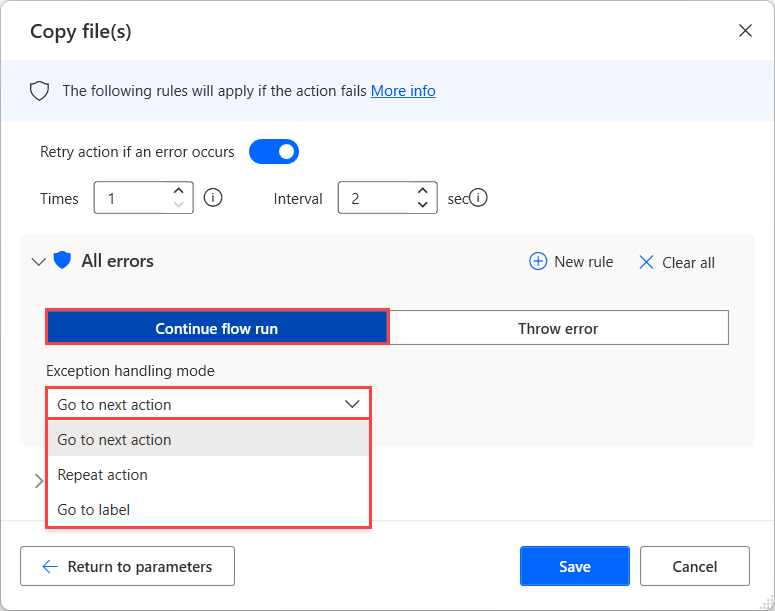 Screenshot der Option „Flowausführung fortsetzen“ in der Aktion