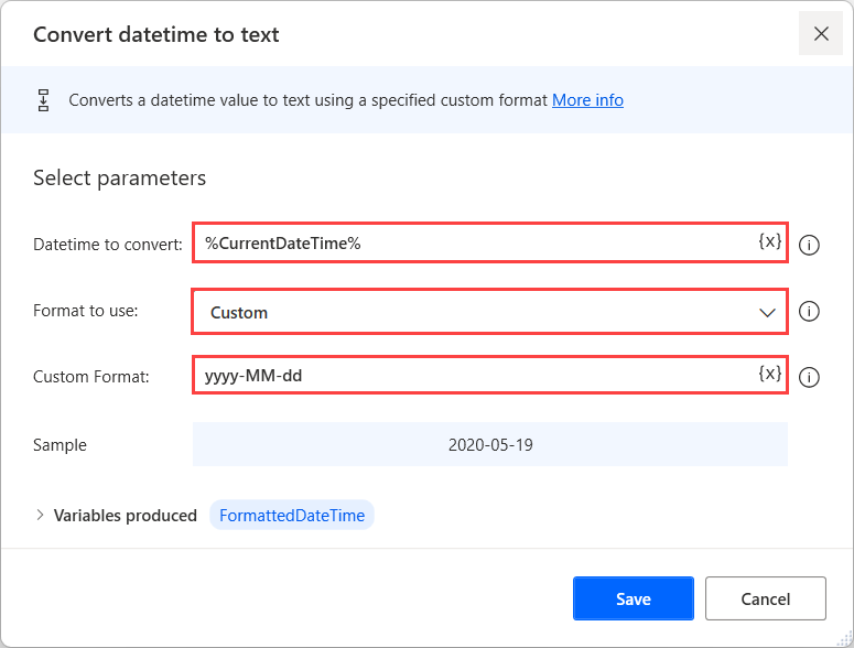 Screenshot der Aktion „DateTime in Text konvertieren“.