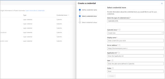 Screenshot der Aktion „Neuen Anmeldeinformationsspeicher erstellen“.