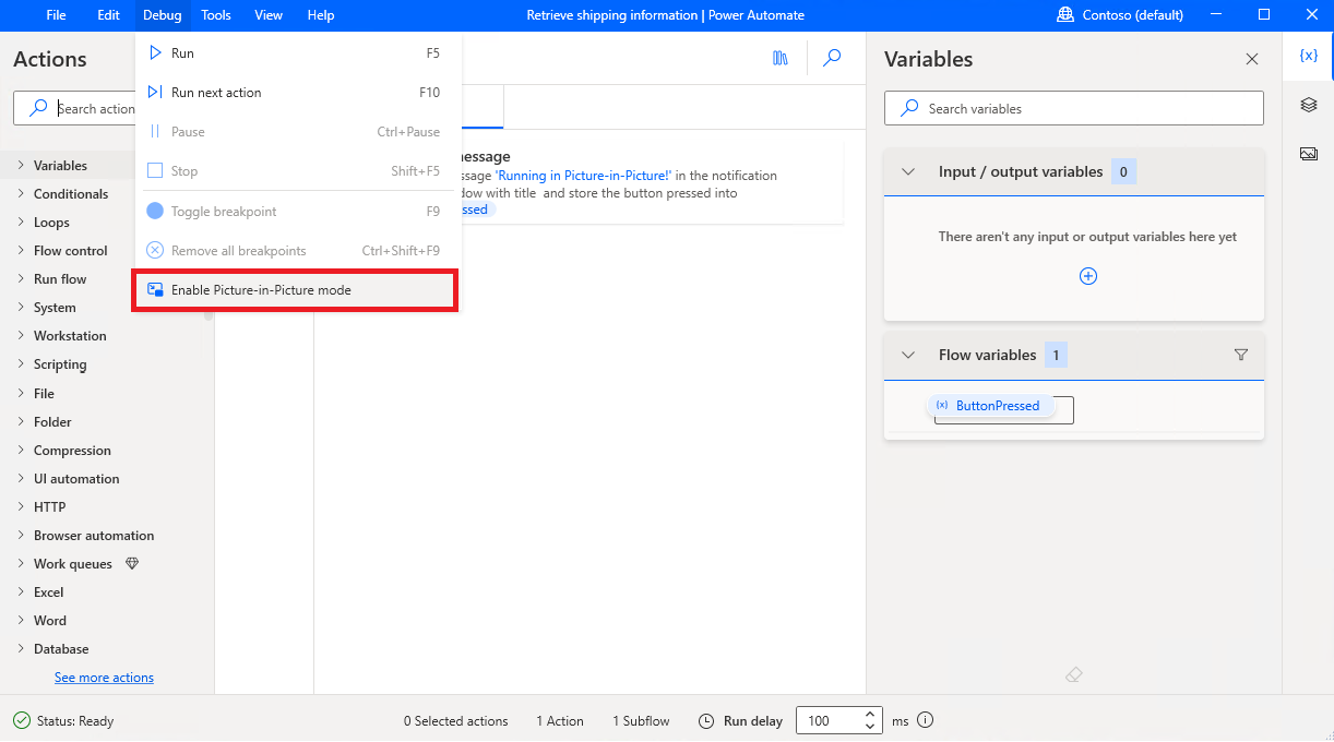 Aktivieren Sie den Picture-in-Picture-Modus im Power Automate-Designer.