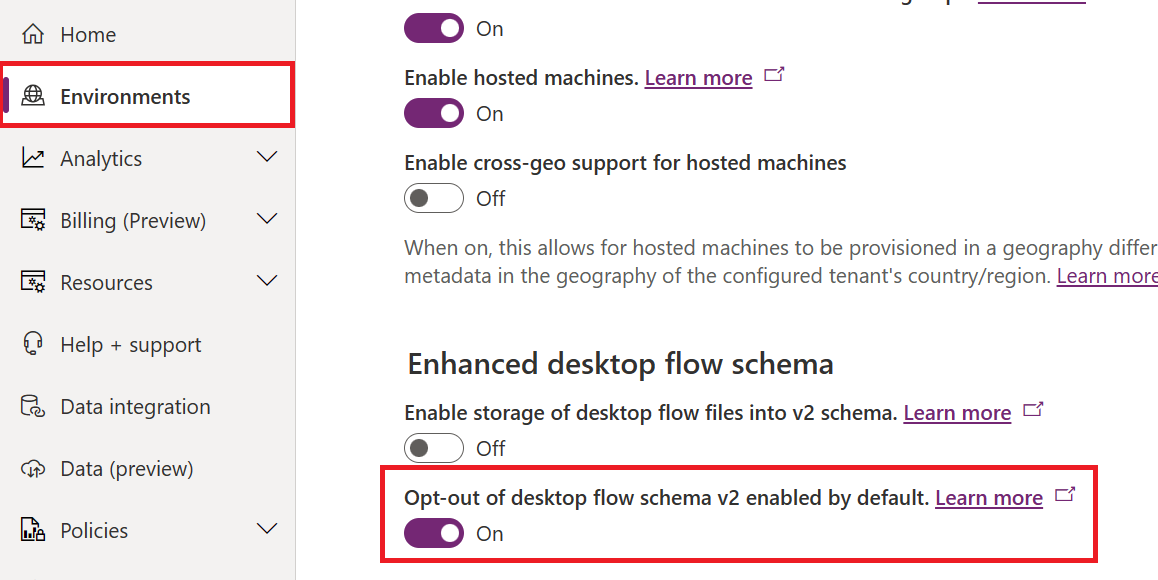 Die Option im Power Platform Admin Center zum Deaktivieren von Schema v2 ist standardmäßig aktiviert.