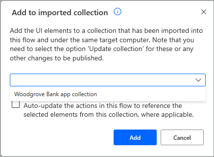 Dialog zur Auswahl einer importierten Sammlung, der UI-Elemente hinzugefügt werden sollen