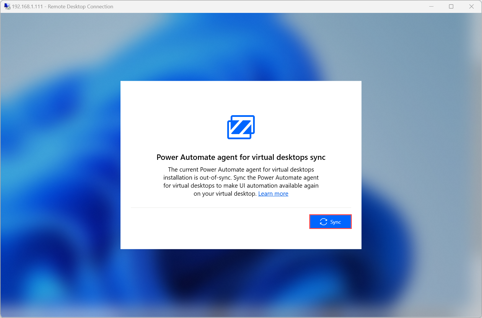 Screenshot der Aufforderung zum Synchronisieren von Power Automate und des Power Automate-Agents für virtuelle Desktops.