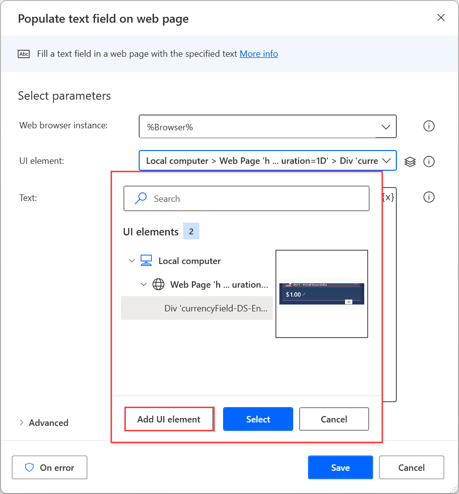 Screenshot der verfügbaren UI-Elemente in der Aktion „Textfeld auf Webseite ausfüllen“.