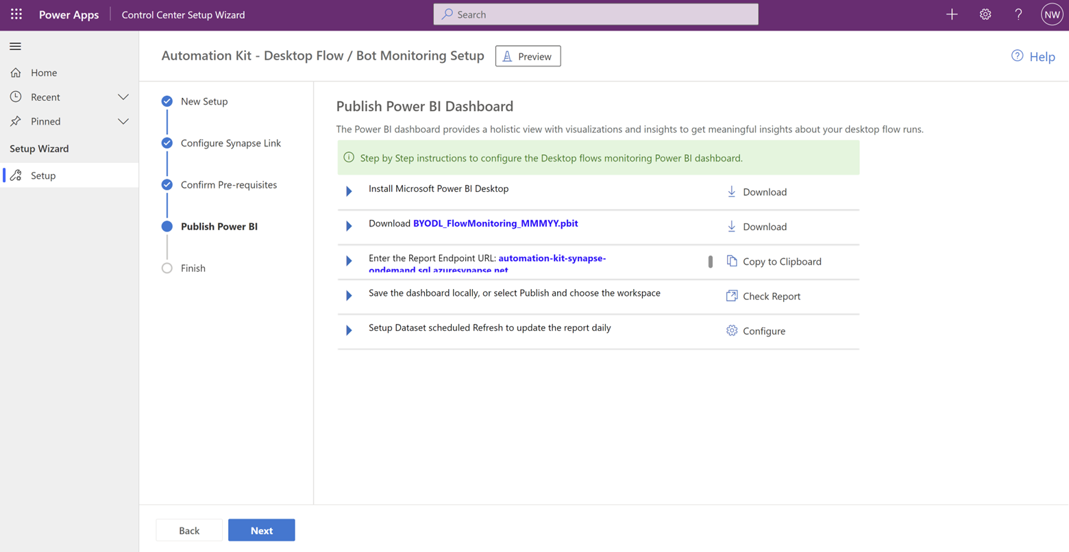 Screenshot vom Automation Kit – Steuerungscenter Veröffentlichen Power BI.