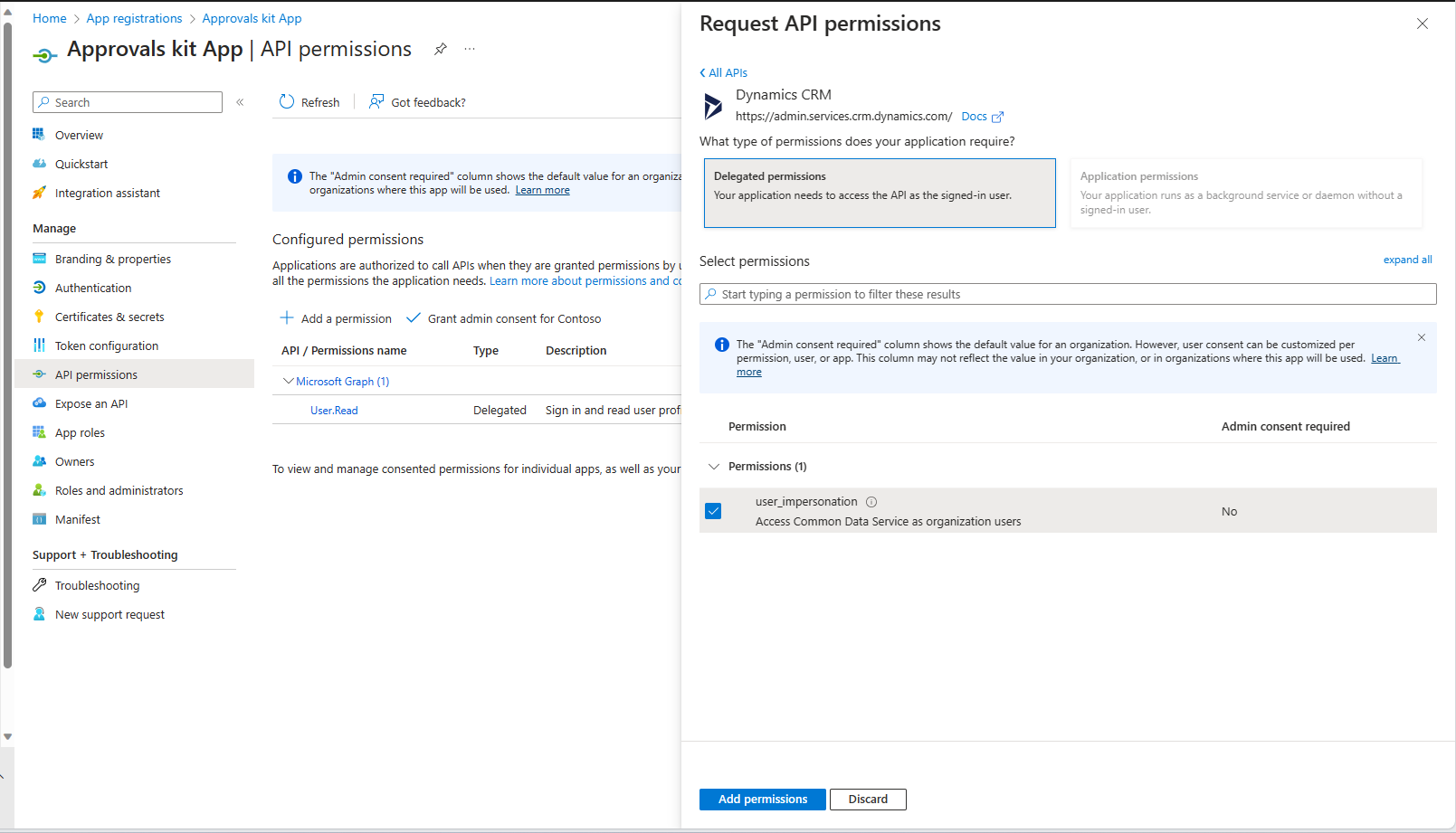 Ein Screenshot der API-Berechtigungen der Genehmigungskit-App mit geöffnetem Bereich für Berechtigungen zum Anfordern von APIs.