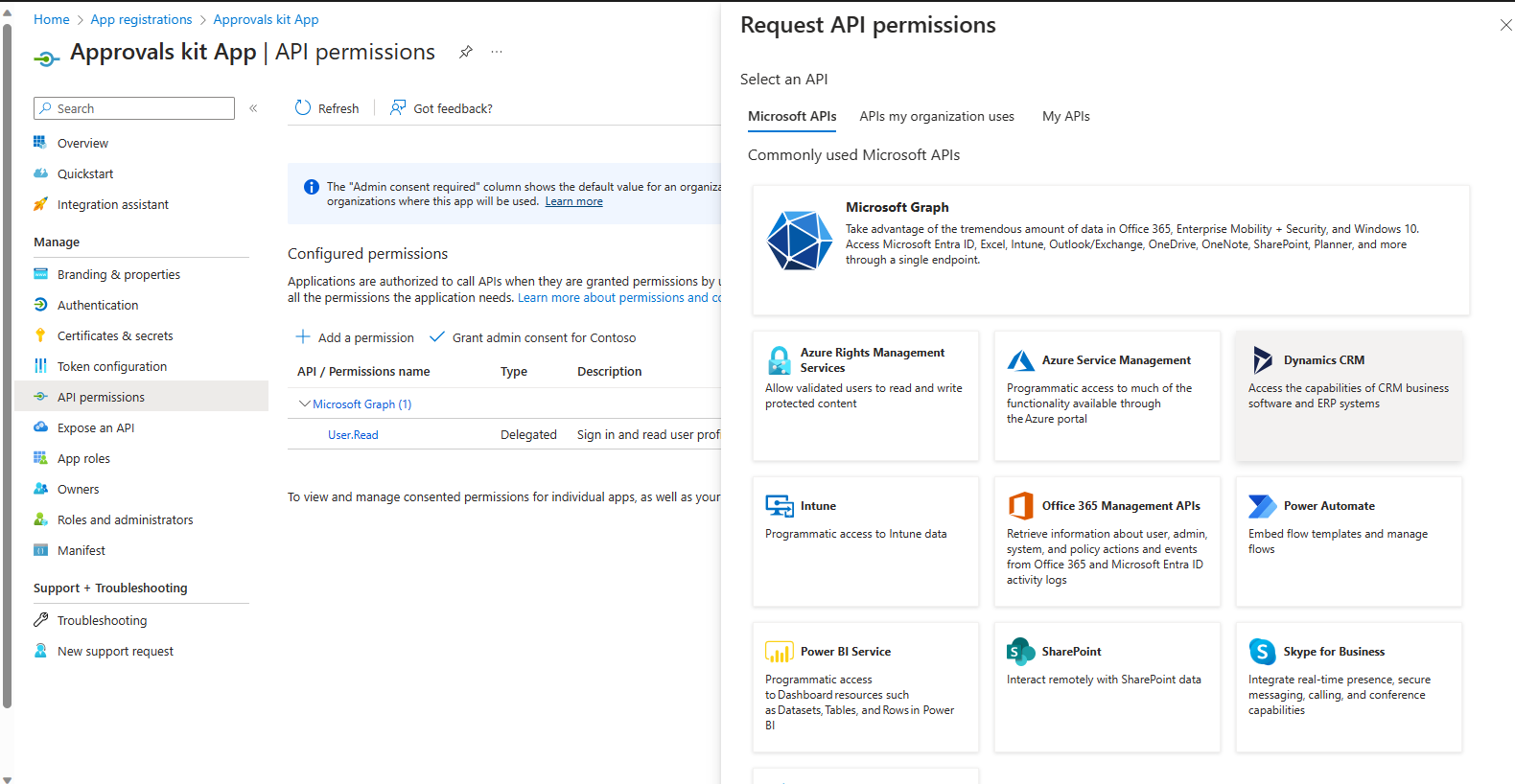 Ein Screenshot der Optionen zum Anfordern von API-Berechtigungen in der Genehmigungskit-App.