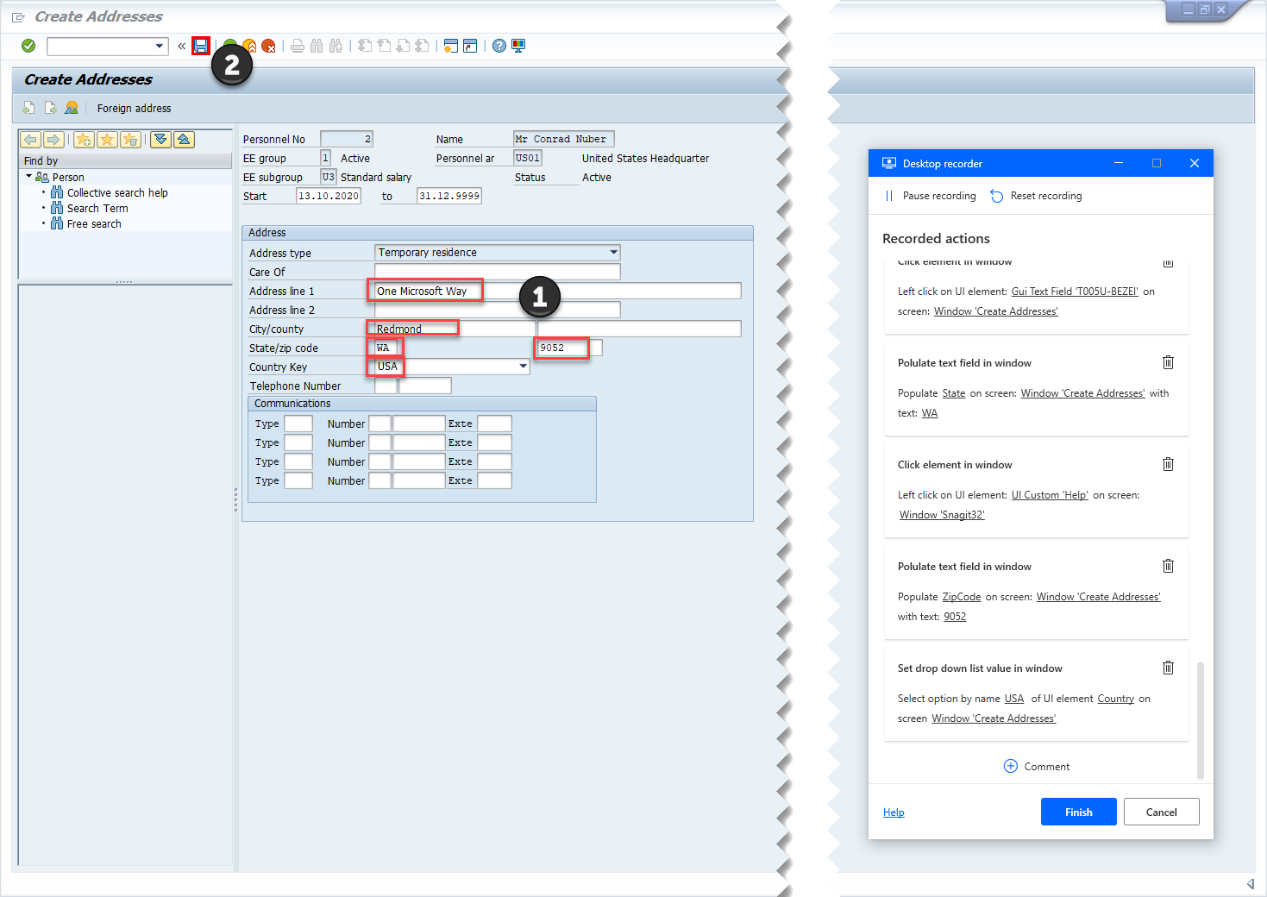 Screenshot der SAP-GUI mit dem Desktop-Rekorder-Verfolgungs-Fenster und den für die SAP-Adresse relevanten Feldern, die auf dem Bildschirm aufgelistet sind, und die Schaltfläche zum Speichern ist ebenfalls als Aufzeichnungsschritt gekennzeichnet.