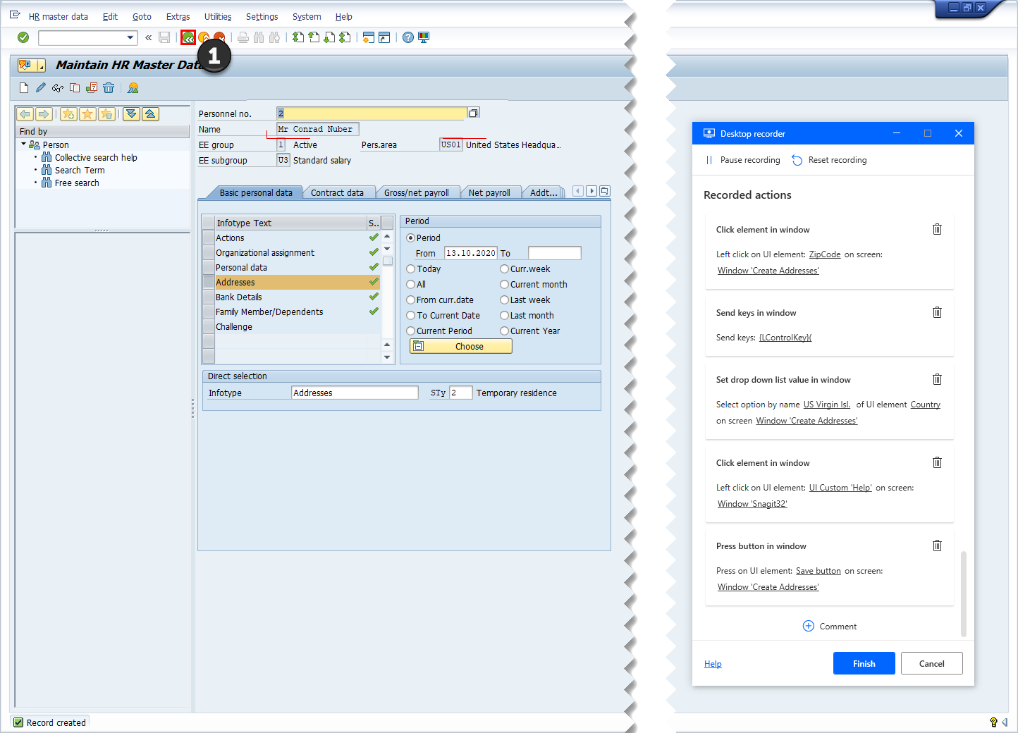 Screenshot der SAP-GUI mit Desktop-Rekorder-Verfolgungs-Fenster und SAP-Zurück-Schaltfläche.