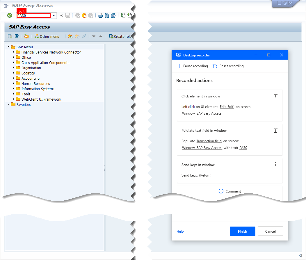 Screenshot der SAP-GUI mit dem Desktop-Rekorder-Verfolgungs-Fenster und dem SAP-Transaktionscode, der für die Aufzeichnung markiert ist.