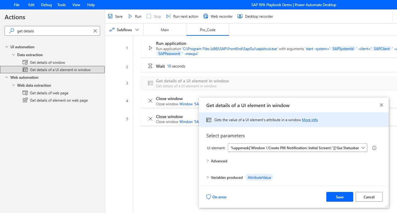 Screenshot des Aktionsdialogfelds „Details zu einem UI-Element im Fenster abrufen“ mit einem ausgewählten UI-Element.