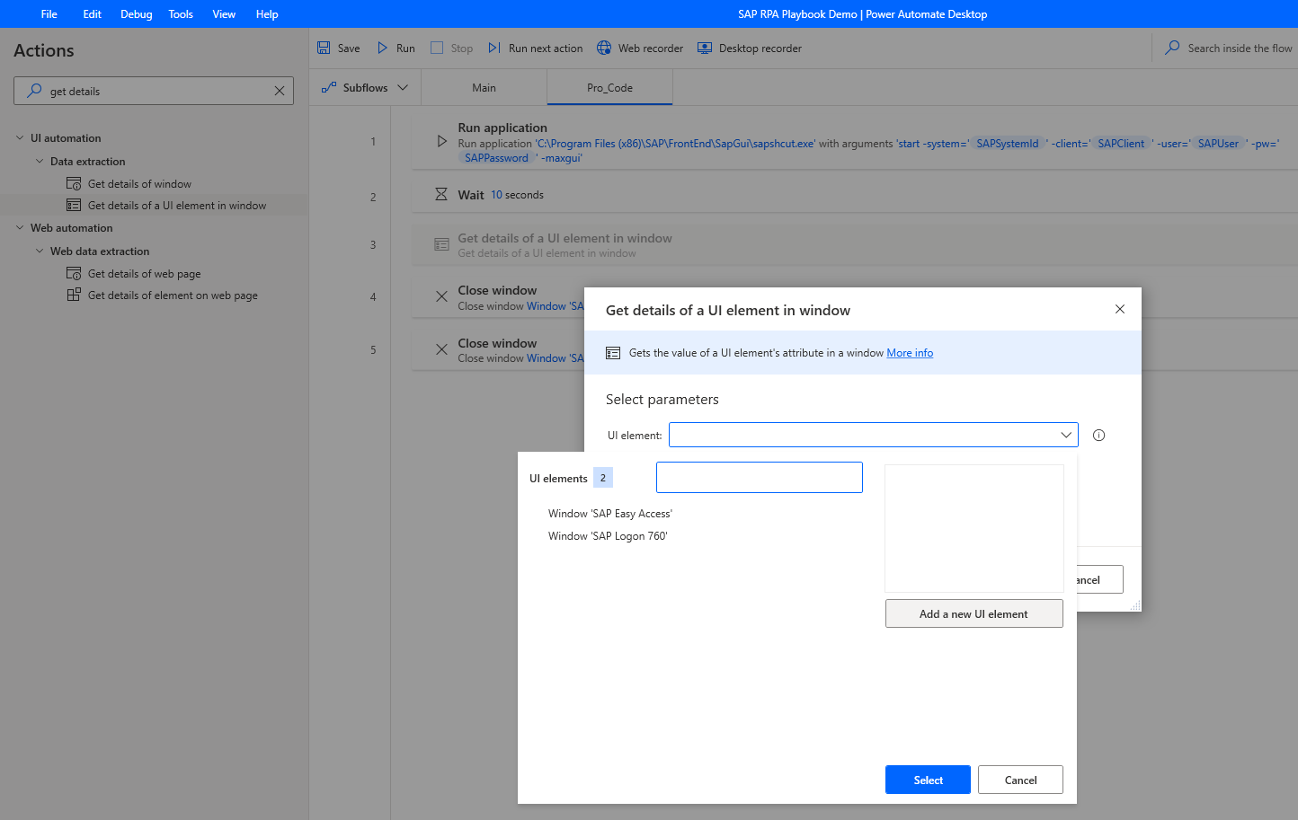 Screenshot, der Details eines Benutzeroberflächenelements im Fensteraktionsdialog abrufen zeigt. Der Dialog hat das Dropdownmenü des Benutzeroberflächenelement aufgeklappt und wartet auf Eingaben.