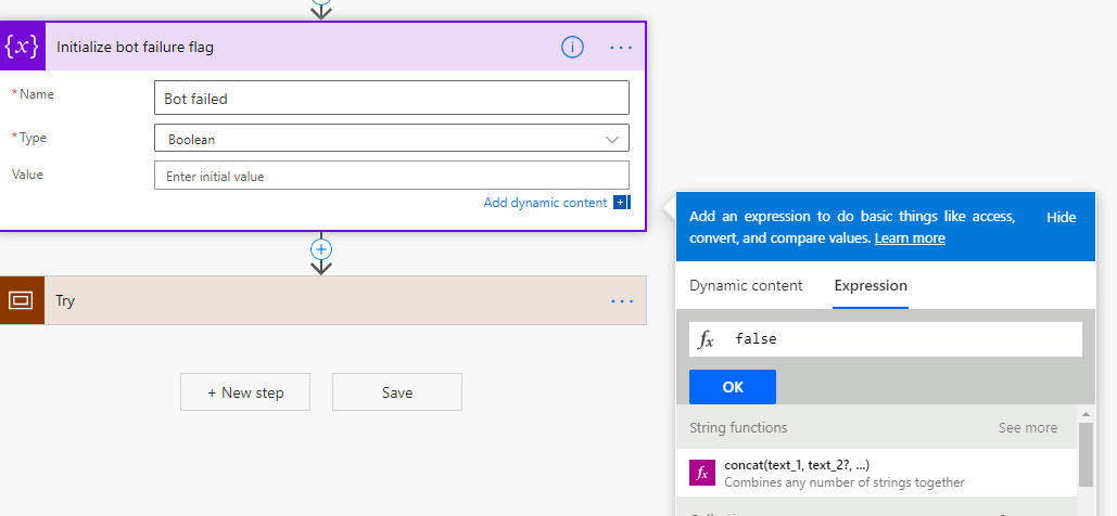 Screenshot der Dialogfelder „Variable initialisieren“ und „Ausdruck“.